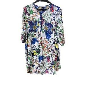 Valerie Stevens Womens Tunic Blouse Multicolor Floral 3/4 Sleeve Pocket Sz XL